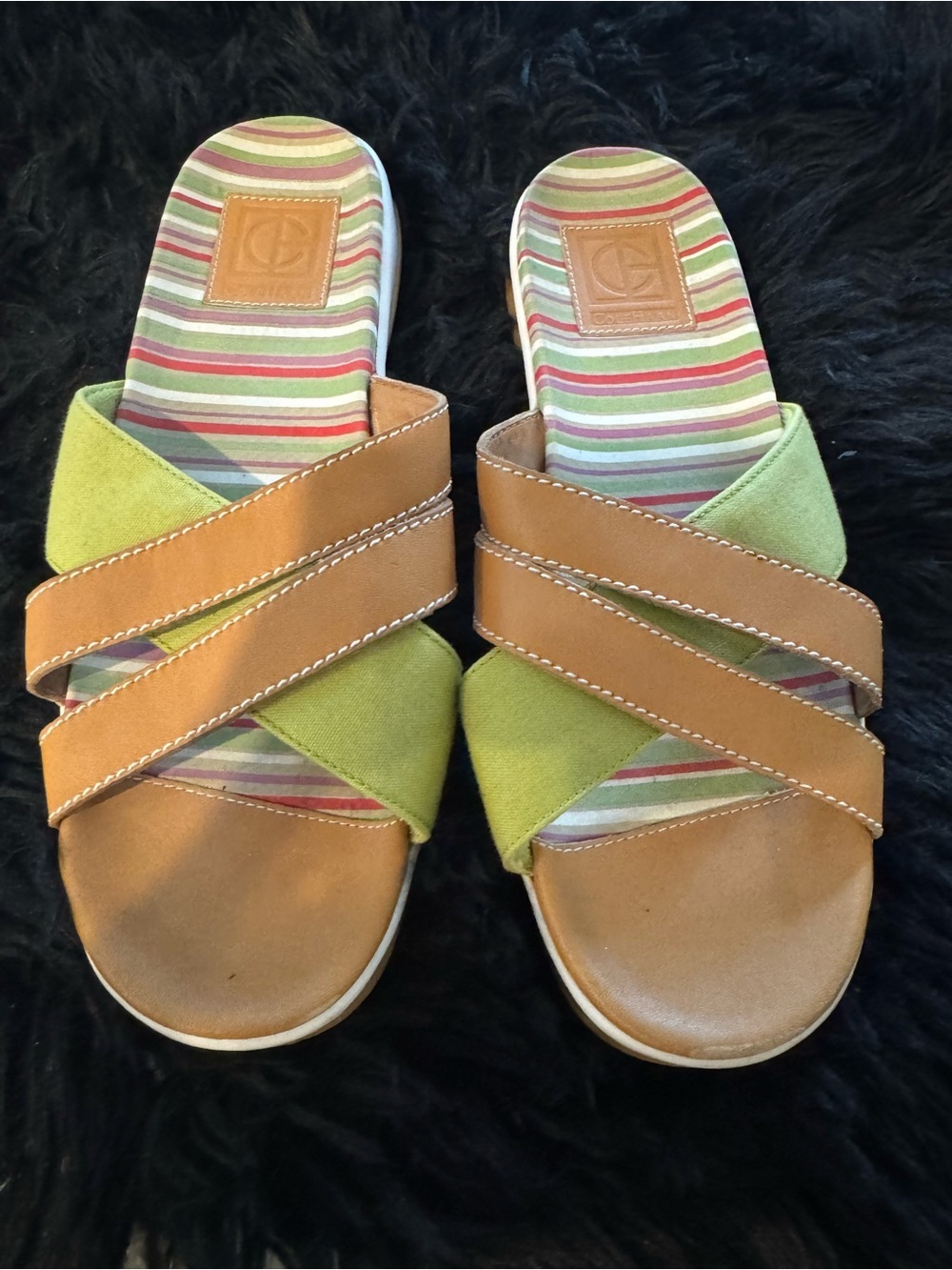Cole Haan Green and Tan Crisscross Slide Sandals